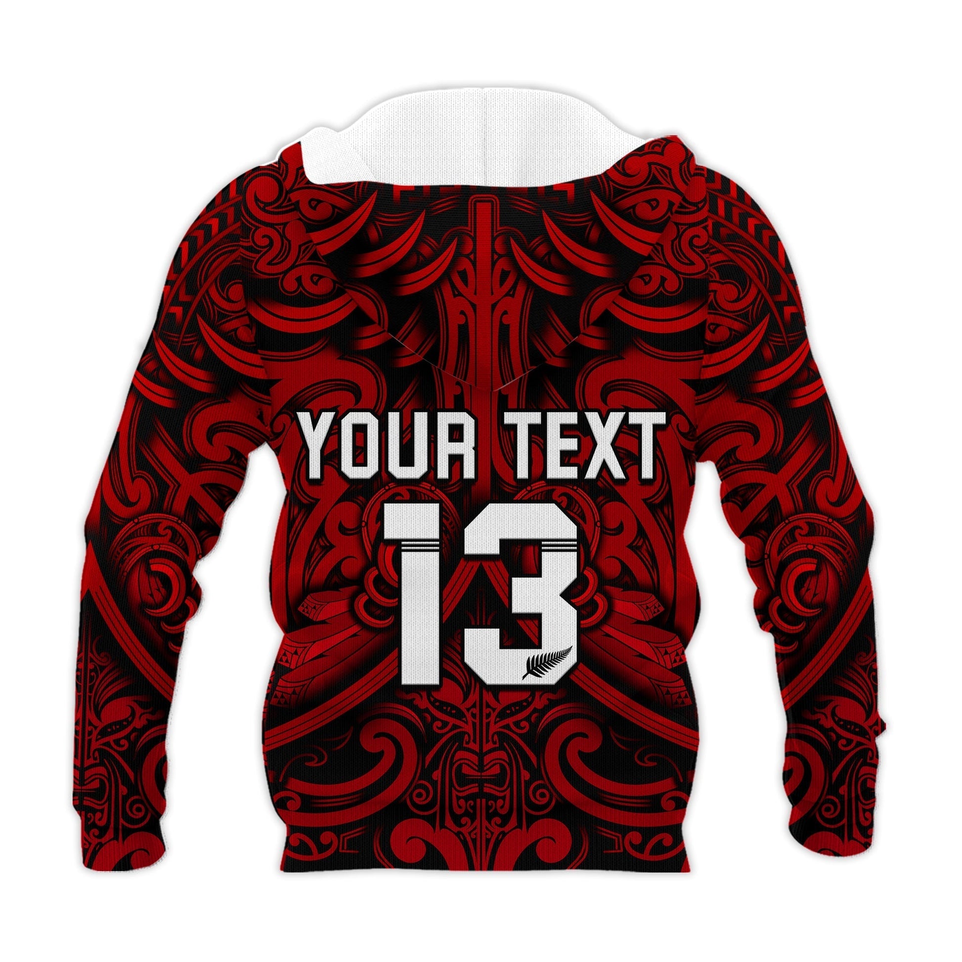 Custom Text and Number New Zealand Silver Fern Rugby Hoodie All Black Red NZ Maori Pattern LT13