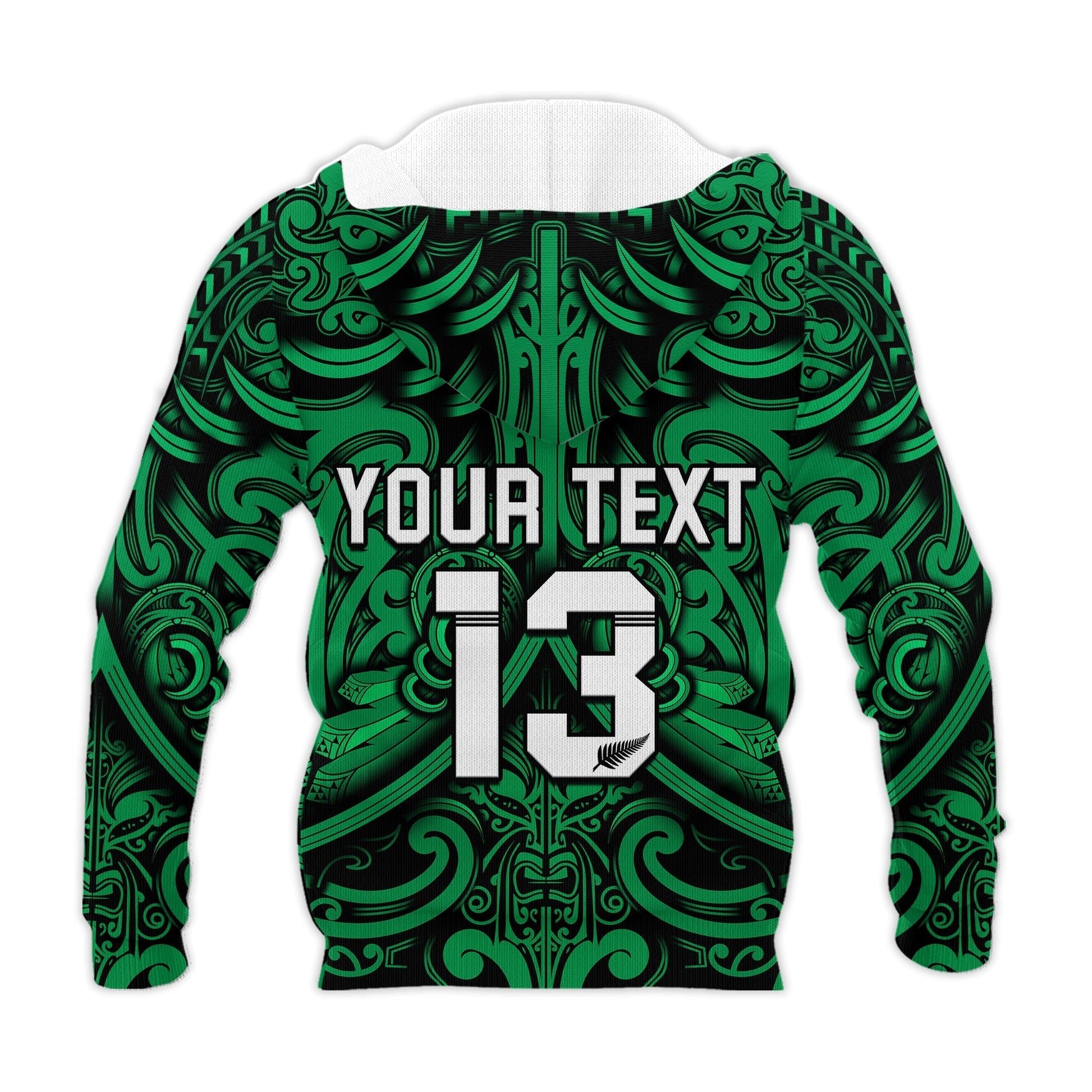 Custom Text and Number New Zealand Silver Fern Rugby Hoodie All Black Green NZ Maori Pattern LT13