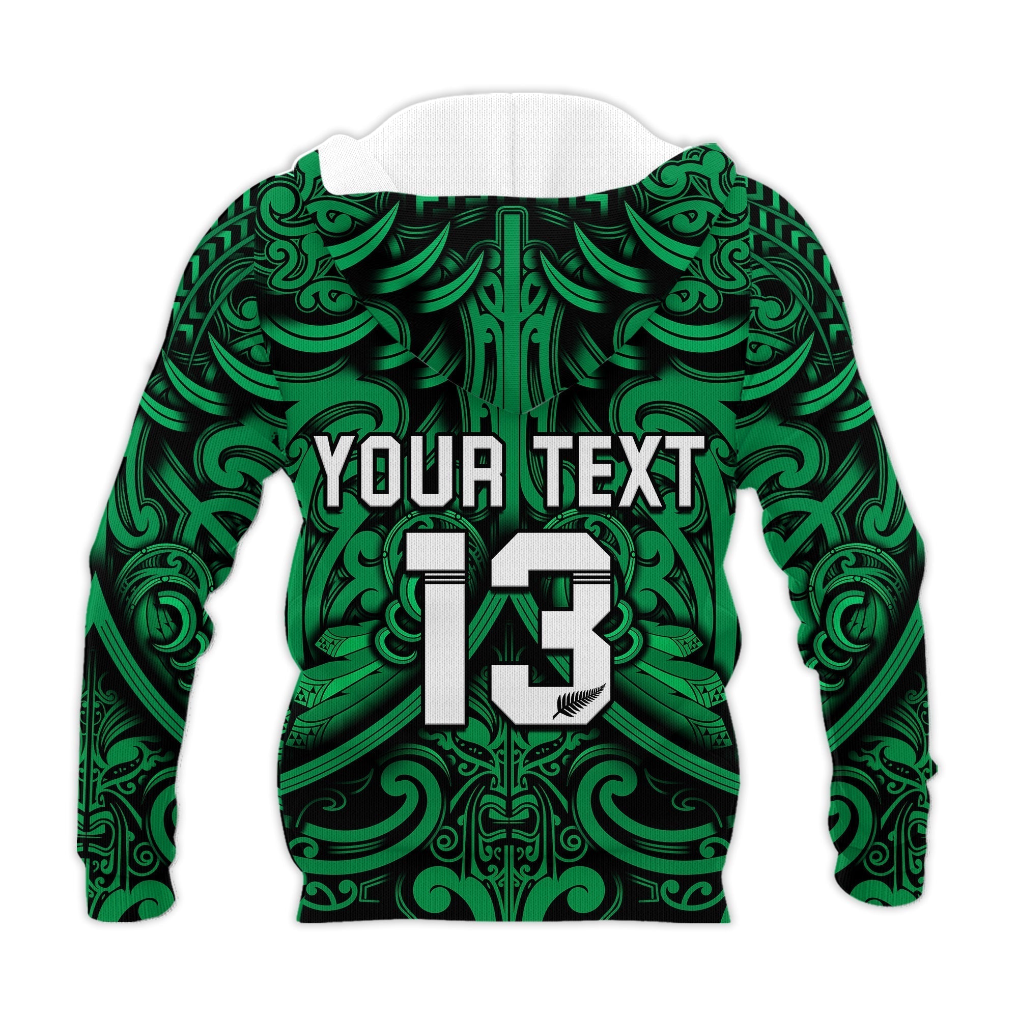 Custom Text and Number New Zealand Silver Fern Rugby Hoodie All Black Green NZ Maori Pattern LT13