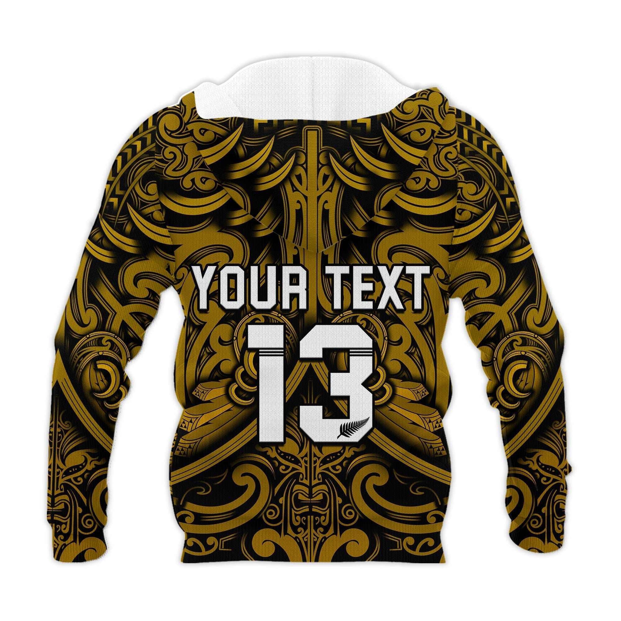Custom Text and Number New Zealand Silver Fern Rugby Hoodie All Black Gold NZ Maori Pattern LT13