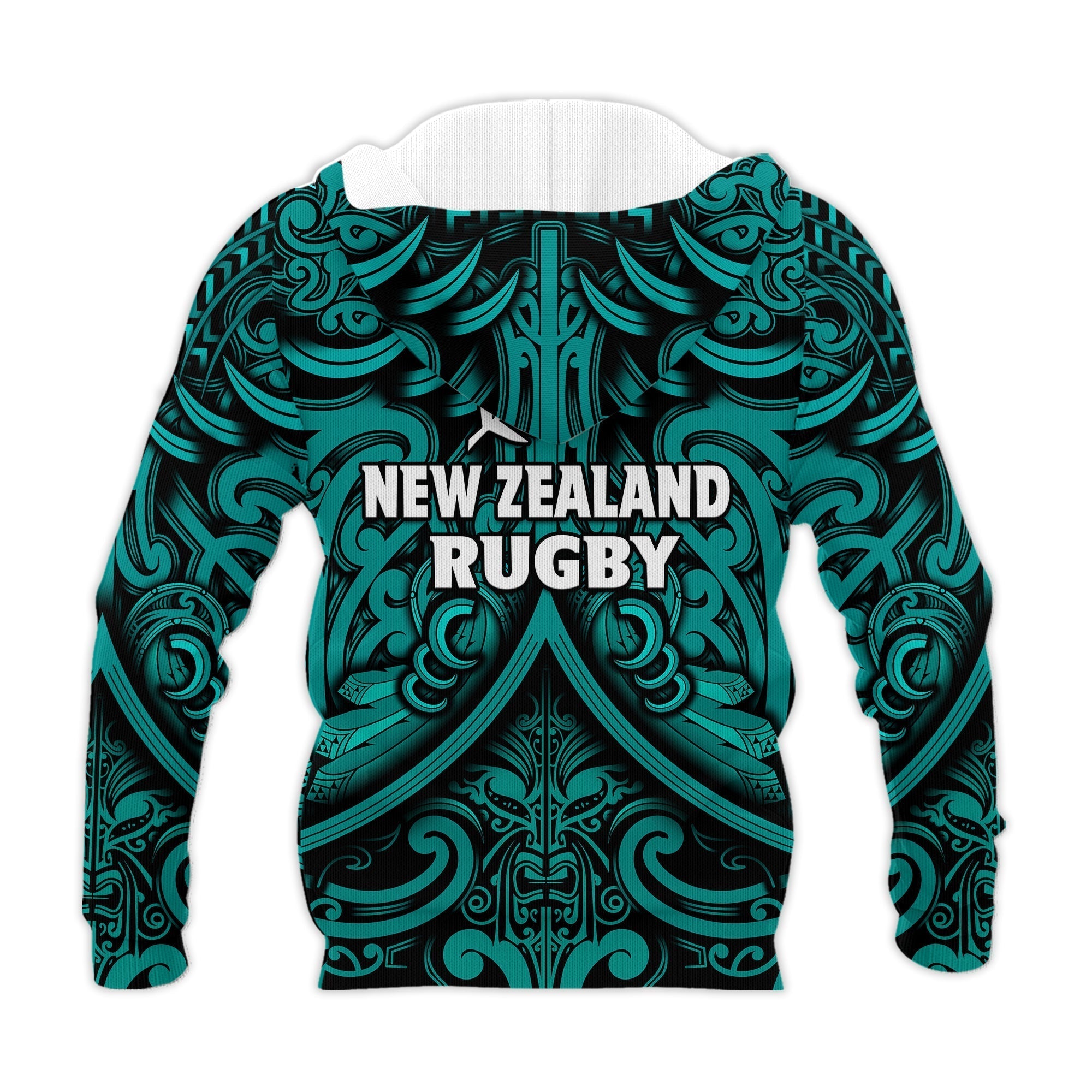 New Zealand Silver Fern Rugby Hoodie All Black Turquoise NZ Maori Pattern LT13