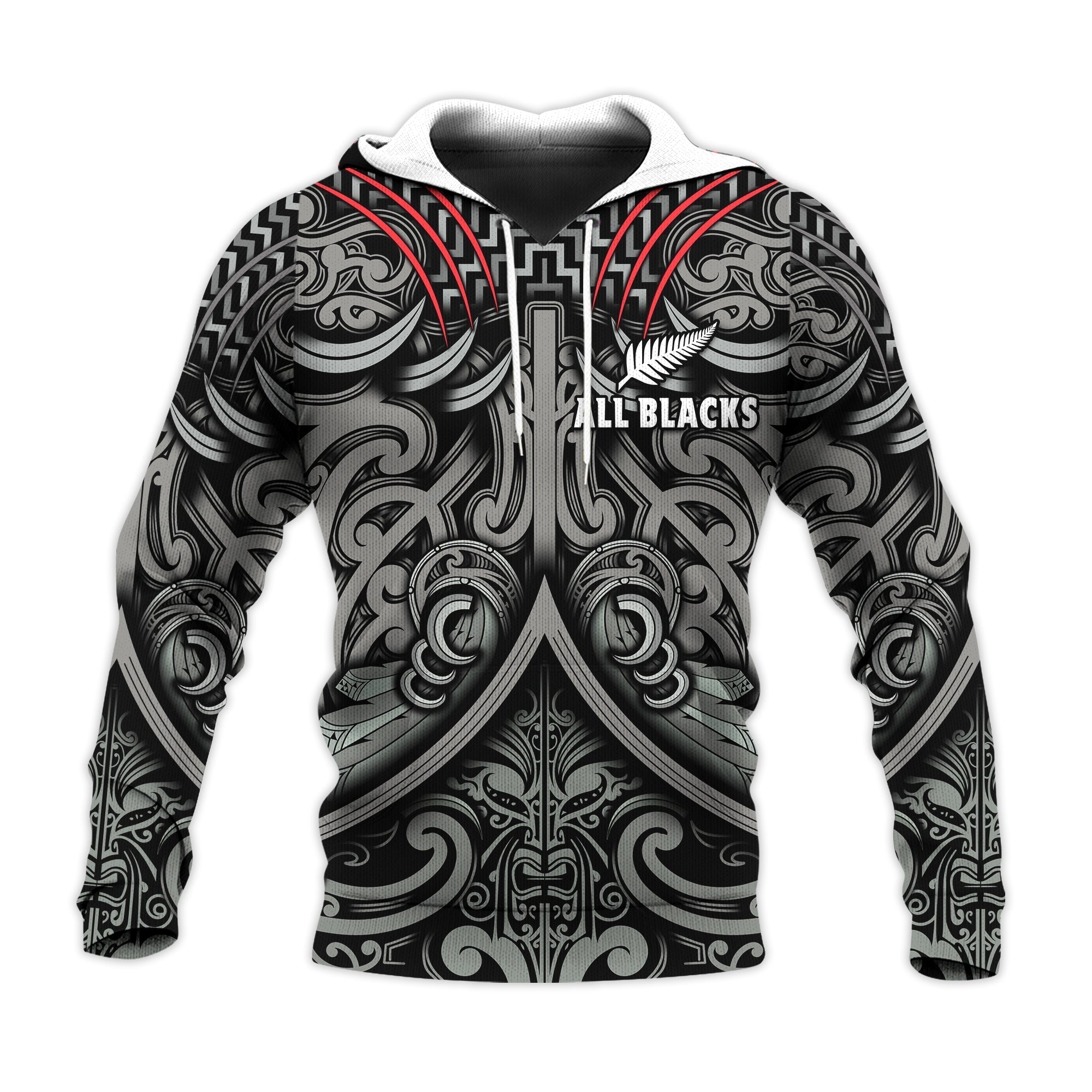 Custom Text and Number New Zealand Silver Fern Rugby Hoodie All Black NZ Maori Pattern LT13