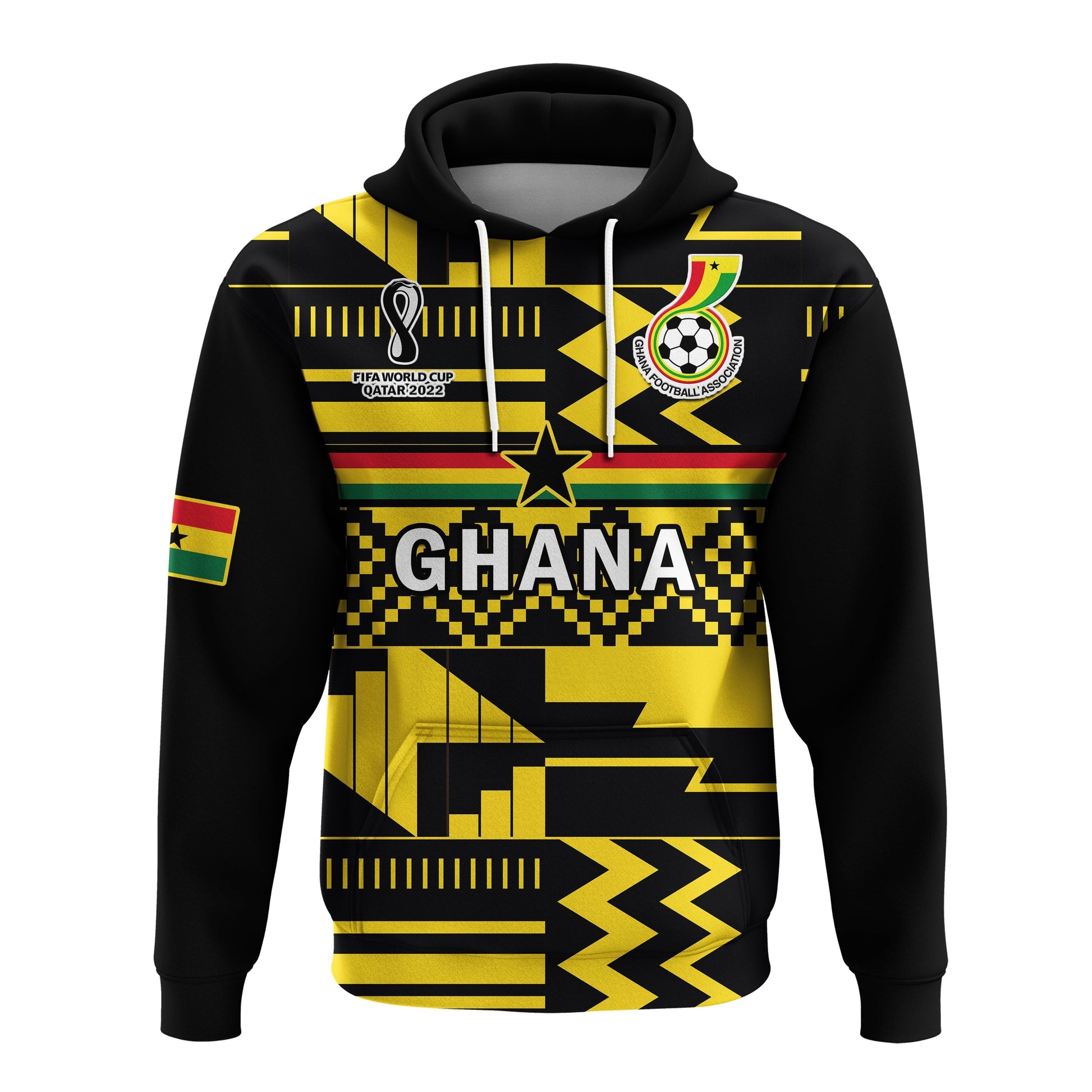 Custom Ghana Football Hoodie Black Stars Kente Football 2022 Yellow LT14