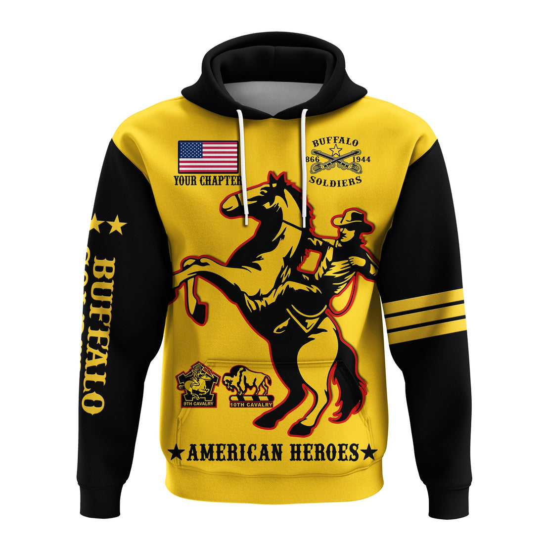(Custom Text And Chapter) Buffalo Soldiers Hoodie BSMC United States Army Yellow LT14