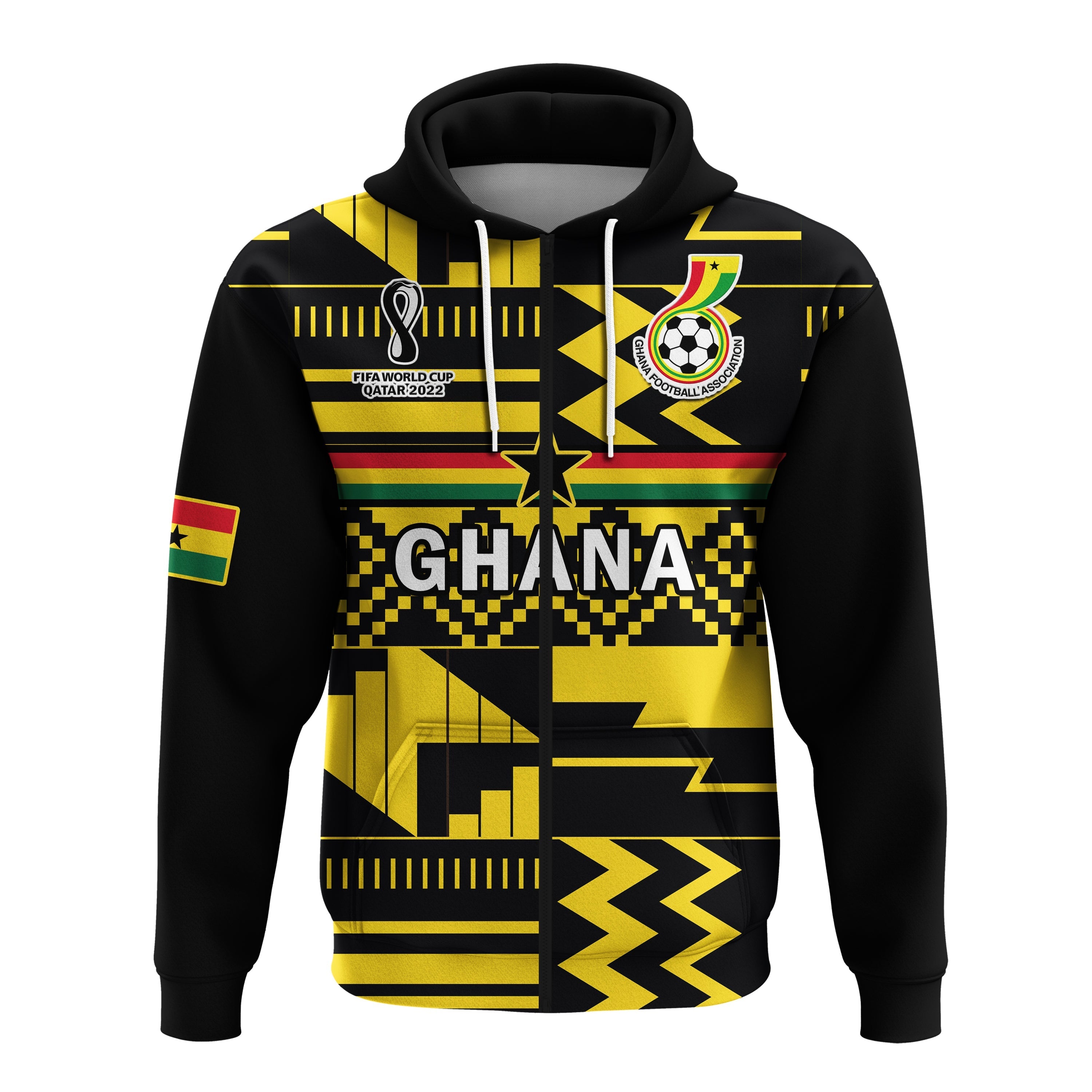 Custom Ghana Football Hoodie Black Stars Kente Football 2022 Yellow LT14