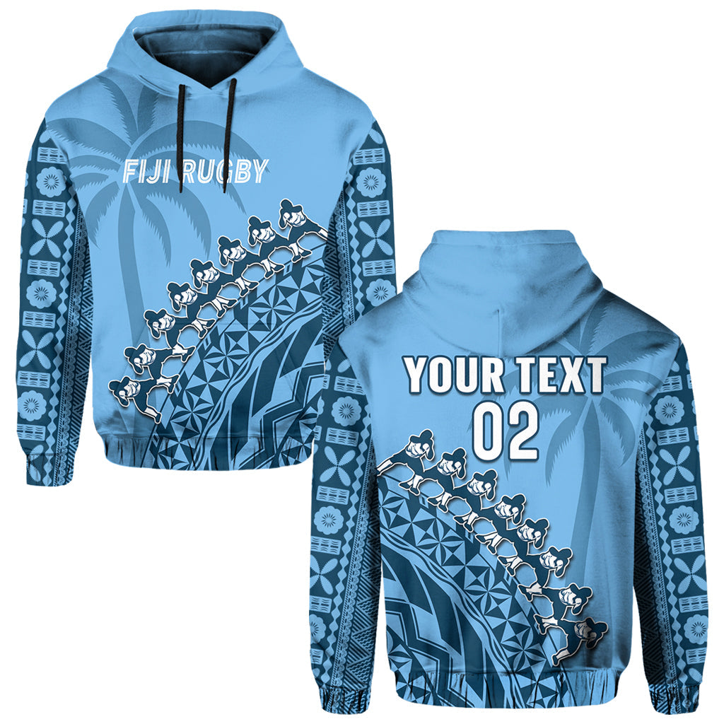 Custom Text And Number Fiji Tapa Rugby Hoodie Fijian Cibi Dance Tapa Pattern Blue LT14