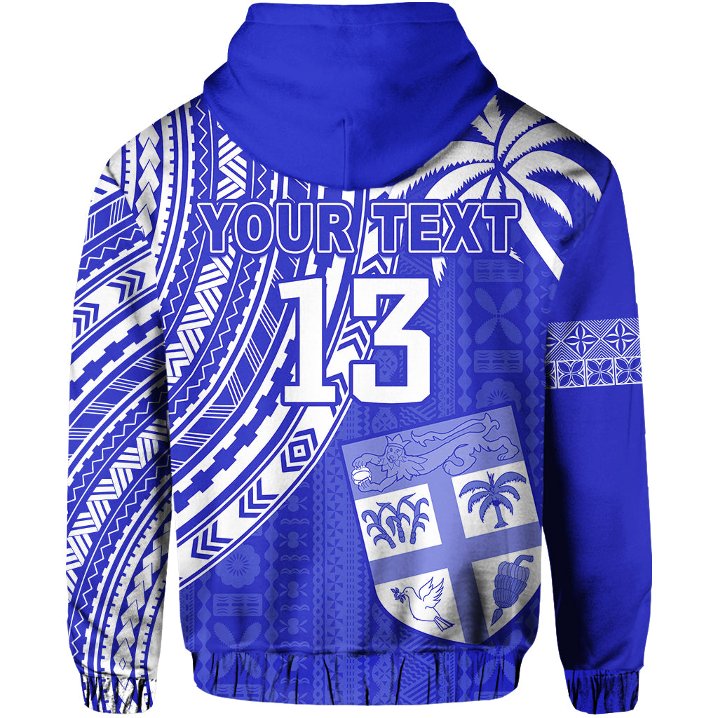 Custom Text and Number Fiji Rugby Sevens Hoodie Fijian 7s Tapa Polynesian Blue Ver.02 LT13