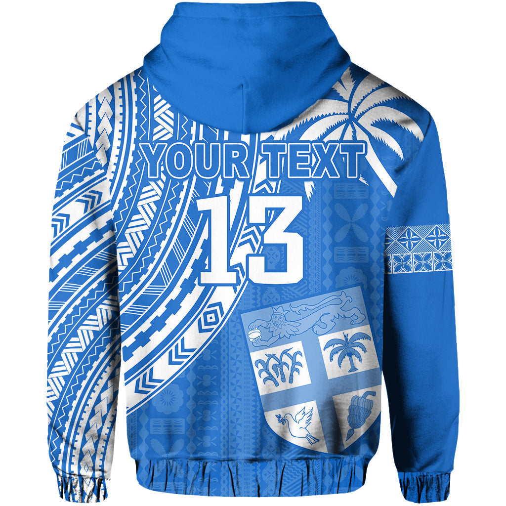 Custom Text and Number Fiji Rugby Sevens Hoodie Fijian 7s Tapa Polynesian Blue Ver.01 LT13