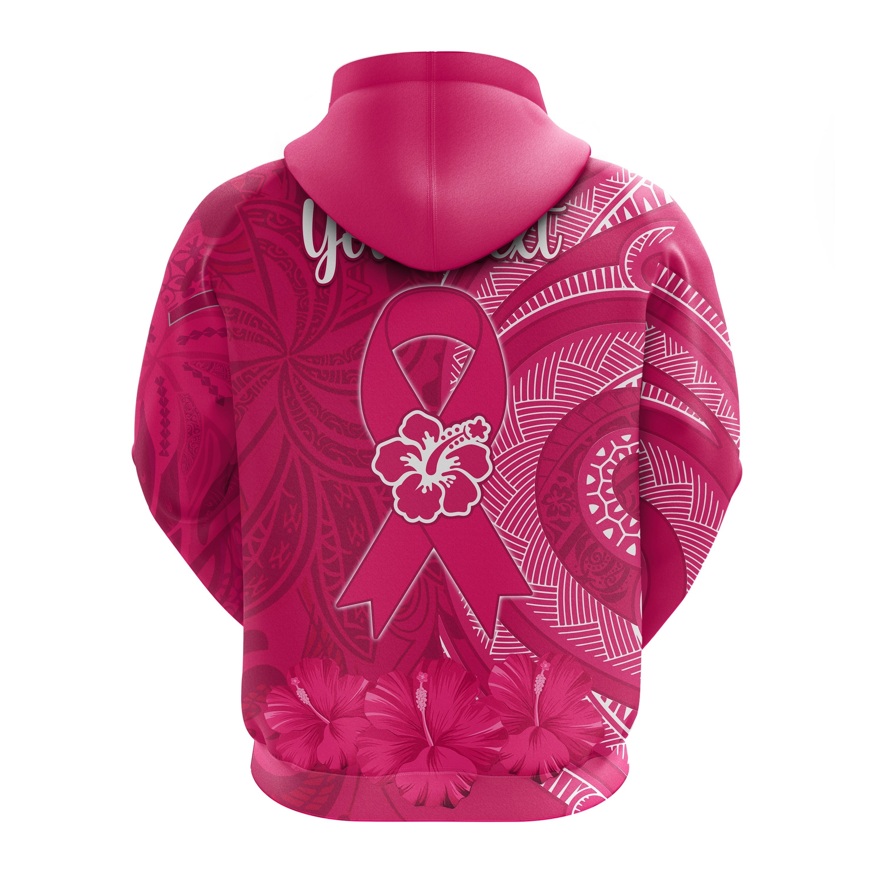 Custom Personalised Breast Cancer Awareness Hoodie Hibiscus Polynesian No One Fights Alone LT13
