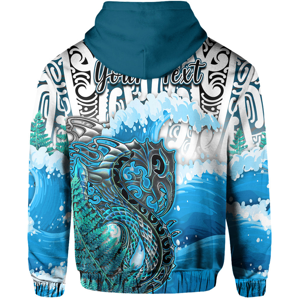 Custom Personalised Manaia Maori Hoodie Fern Aotearoa Blue Waves LT13