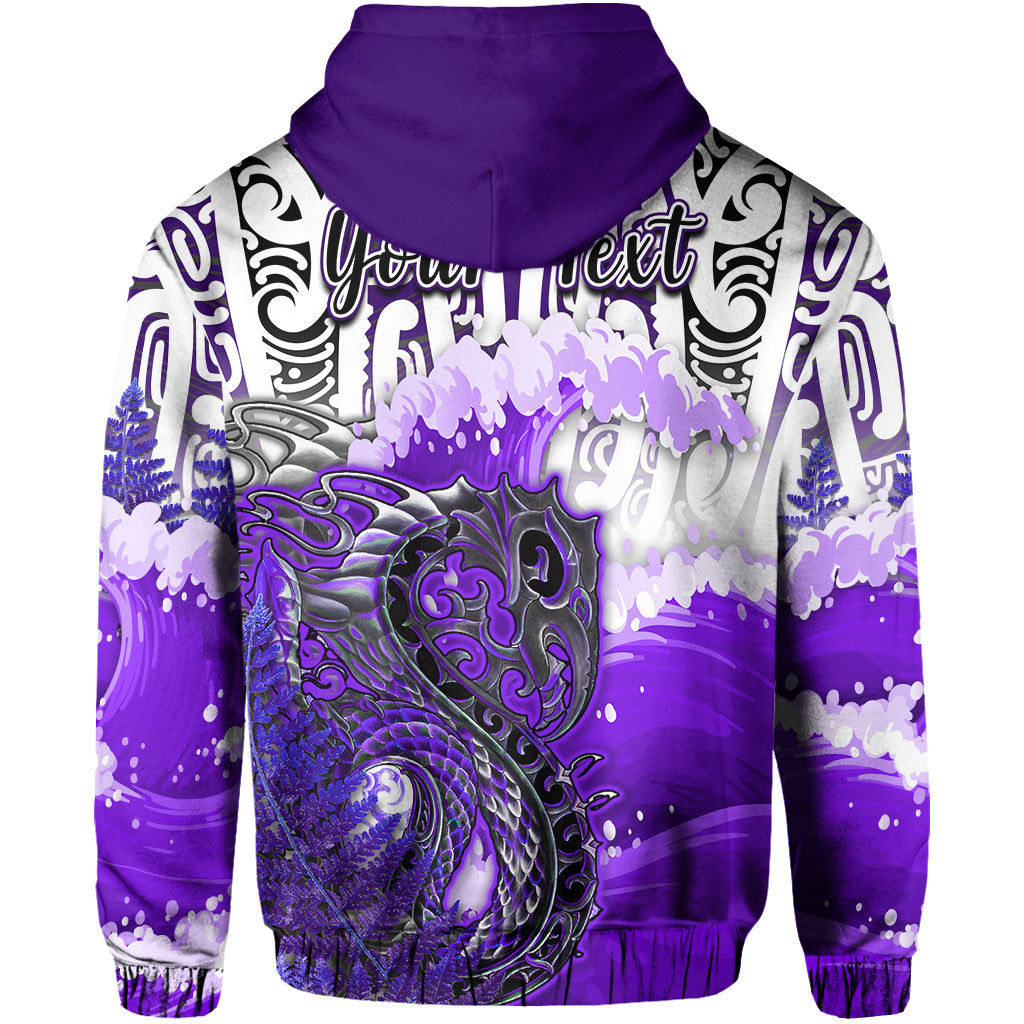 Custom Personalised Manaia Maori Hoodie Fern Aotearoa Purple Waves LT13