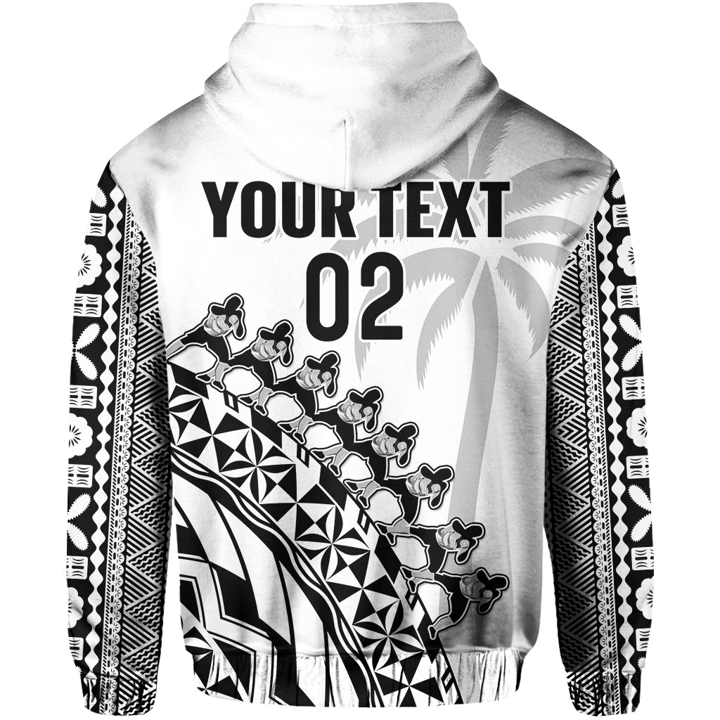 Custom Text And Number Fiji Rugby Hoodie Fijian Cibi Dance Tapa Pattern White LT14