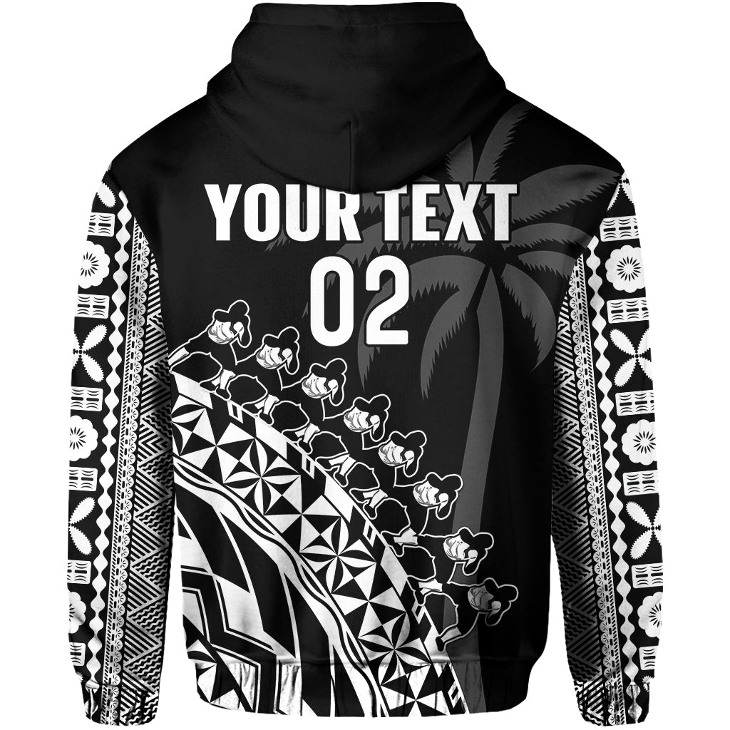 Custom Text And Number Fiji Rugby Hoodie Fijian Cibi Dance Tapa Pattern Black LT14