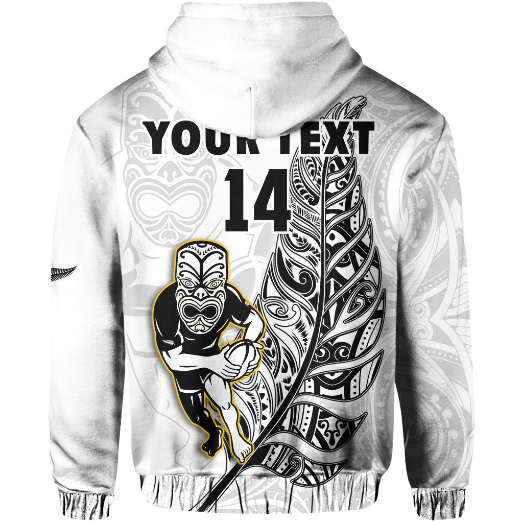 Custom Text And Number New Zealand 2022 Rugby Hoodie All Black Silver Fern Maori Pattern Version White LT14
