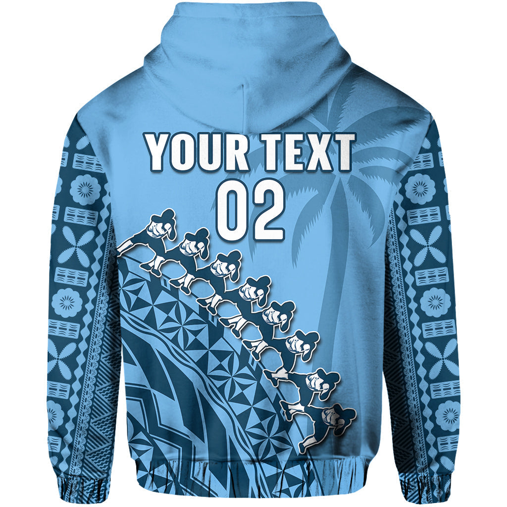 Custom Text And Number Fiji Tapa Rugby Hoodie Fijian Cibi Dance Tapa Pattern Blue LT14