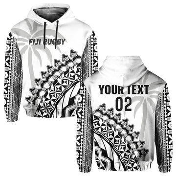 Custom Text And Number Fiji Rugby Hoodie Fijian Cibi Dance Tapa Pattern White LT14