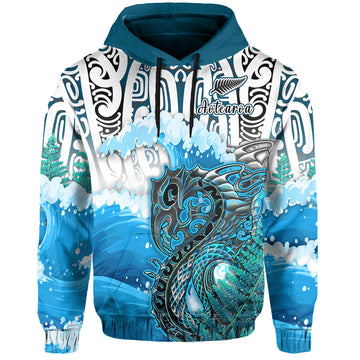 Custom Personalised Manaia Maori Hoodie Fern Aotearoa Blue Waves LT13
