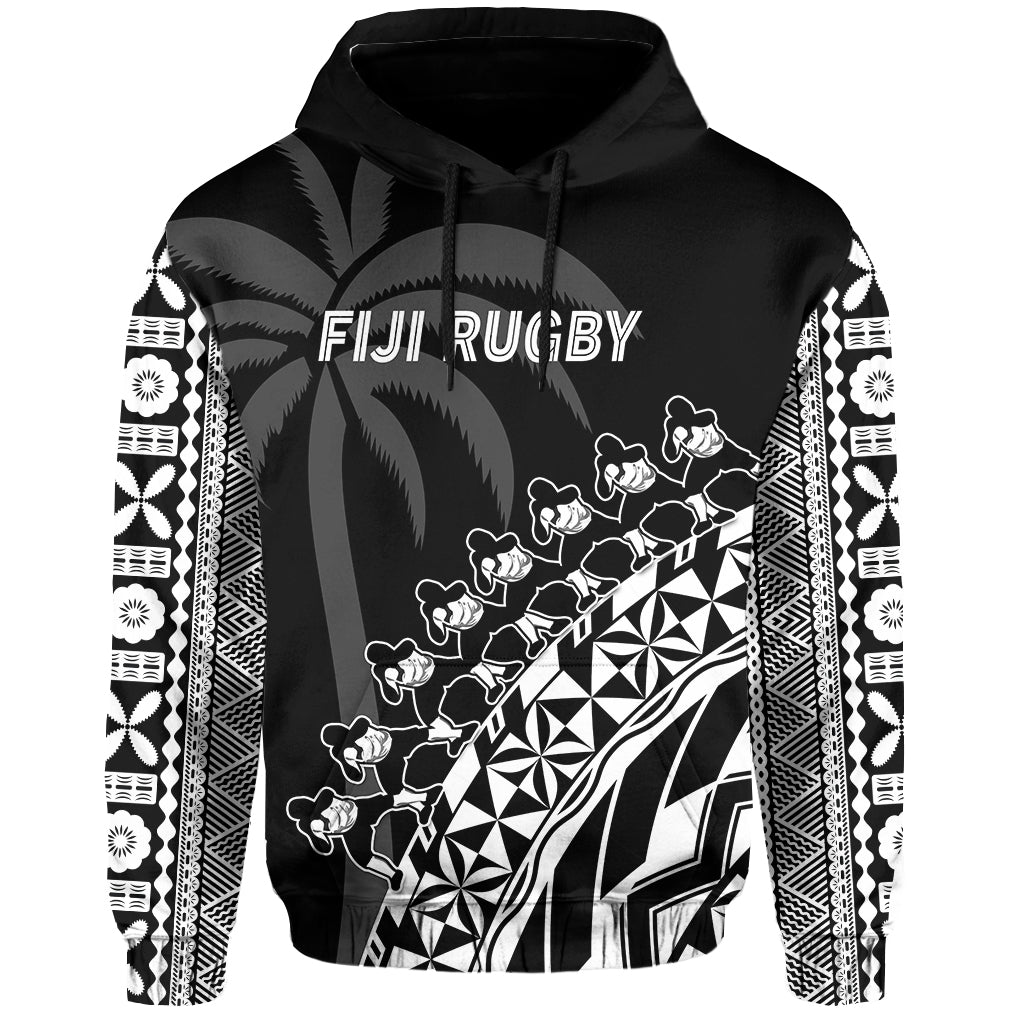 Custom Text And Number Fiji Rugby Hoodie Fijian Cibi Dance Tapa Pattern Black LT14