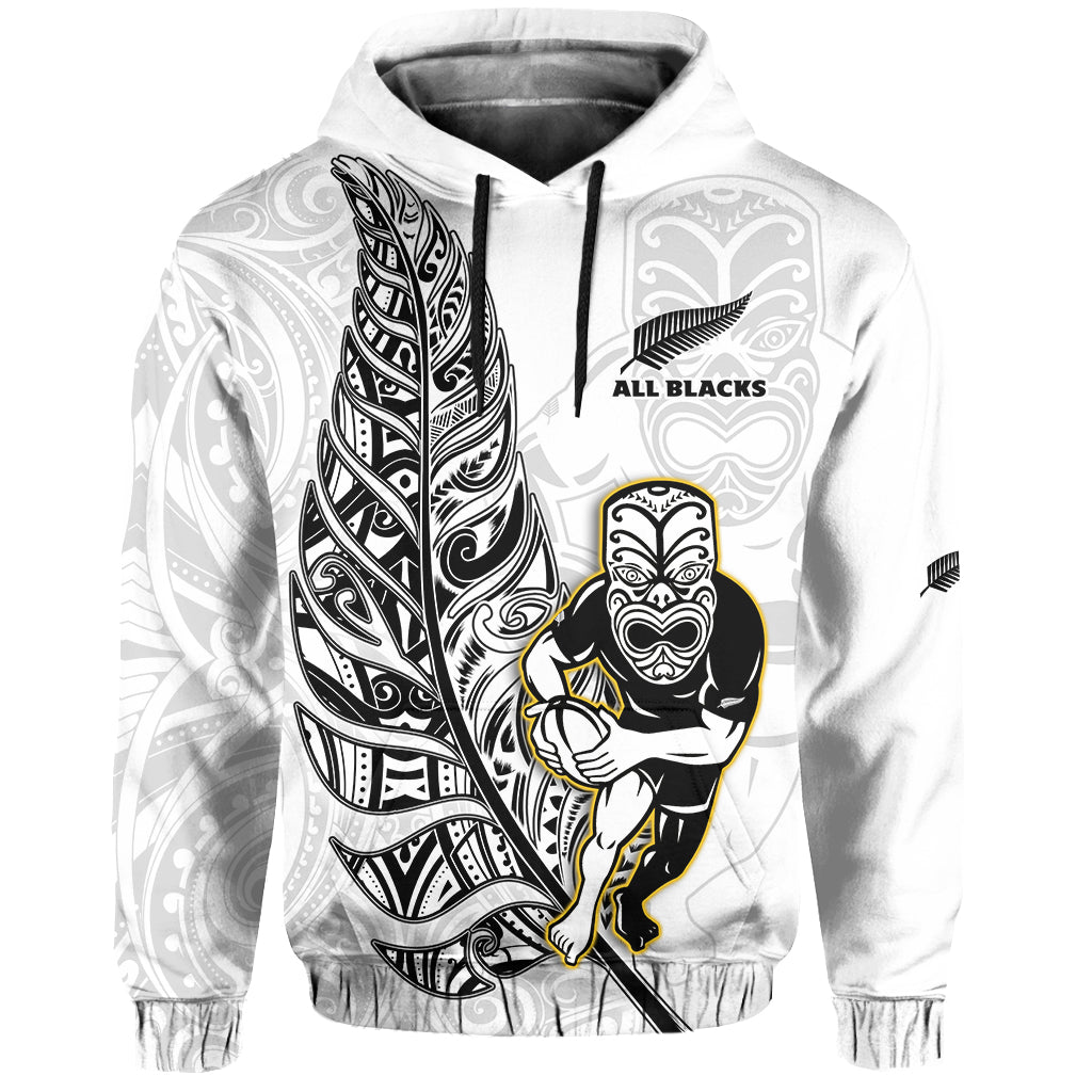 Custom Text And Number New Zealand 2022 Rugby Hoodie All Black Silver Fern Maori Pattern Version White LT14