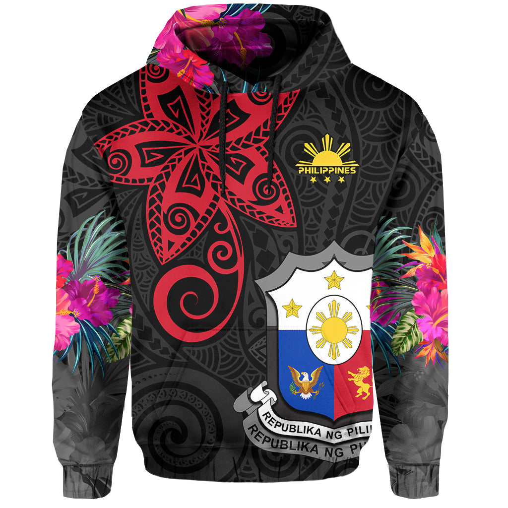 Custom Philippines Hoodie Sun Filipino Polynesian mix Flowers Black Vibe LT13