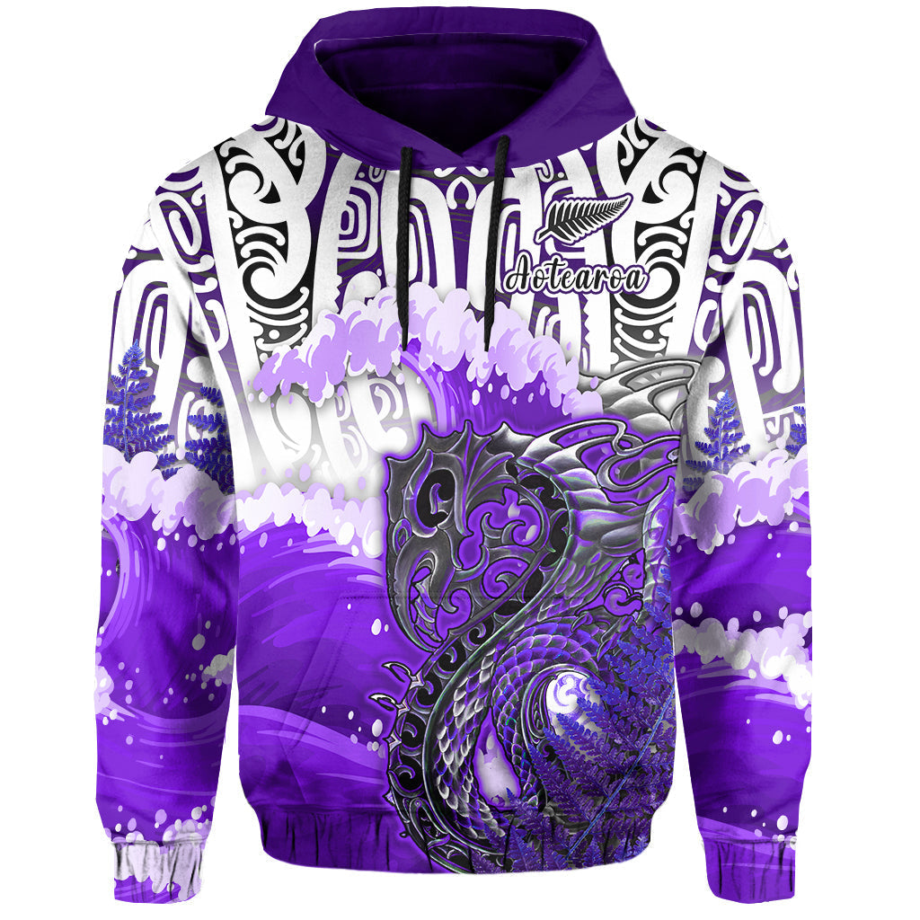 Custom Personalised Manaia Maori Hoodie Fern Aotearoa Purple Waves LT13