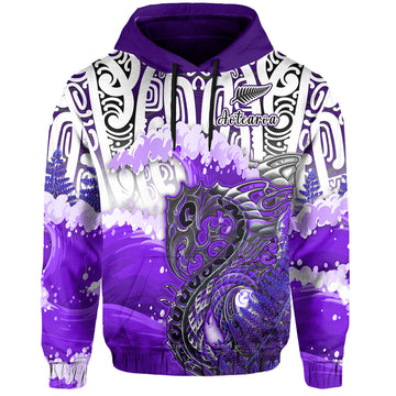 Custom Personalised Manaia Maori Hoodie Fern Aotearoa Purple Waves LT13