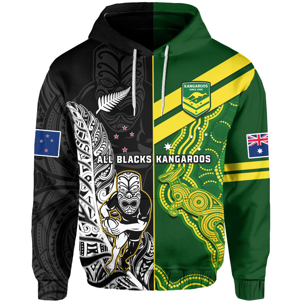 Custom Australia Kangaroos And All Black Rugby Hoodie Aboriginal Mix NZ Maori Fern LT14