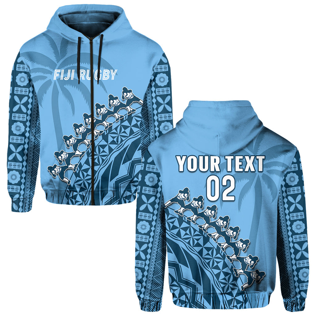 Custom Text And Number Fiji Tapa Rugby Hoodie Fijian Cibi Dance Tapa Pattern Blue LT14