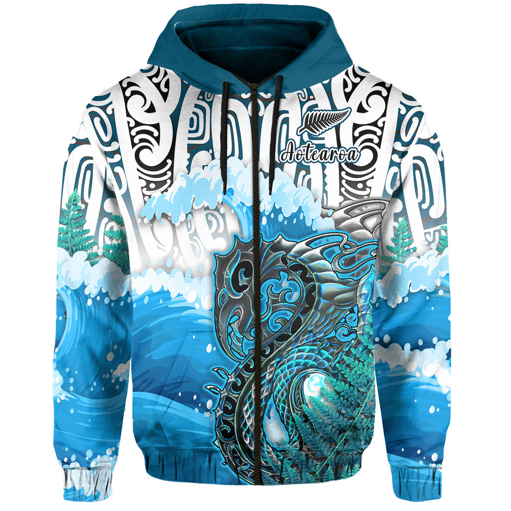 Custom Personalised Manaia Maori Hoodie Fern Aotearoa Blue Waves LT13