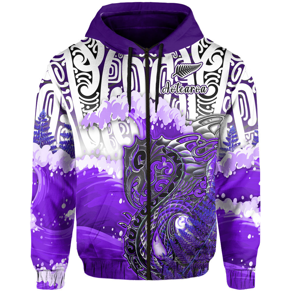 Custom Personalised Manaia Maori Hoodie Fern Aotearoa Purple Waves LT13