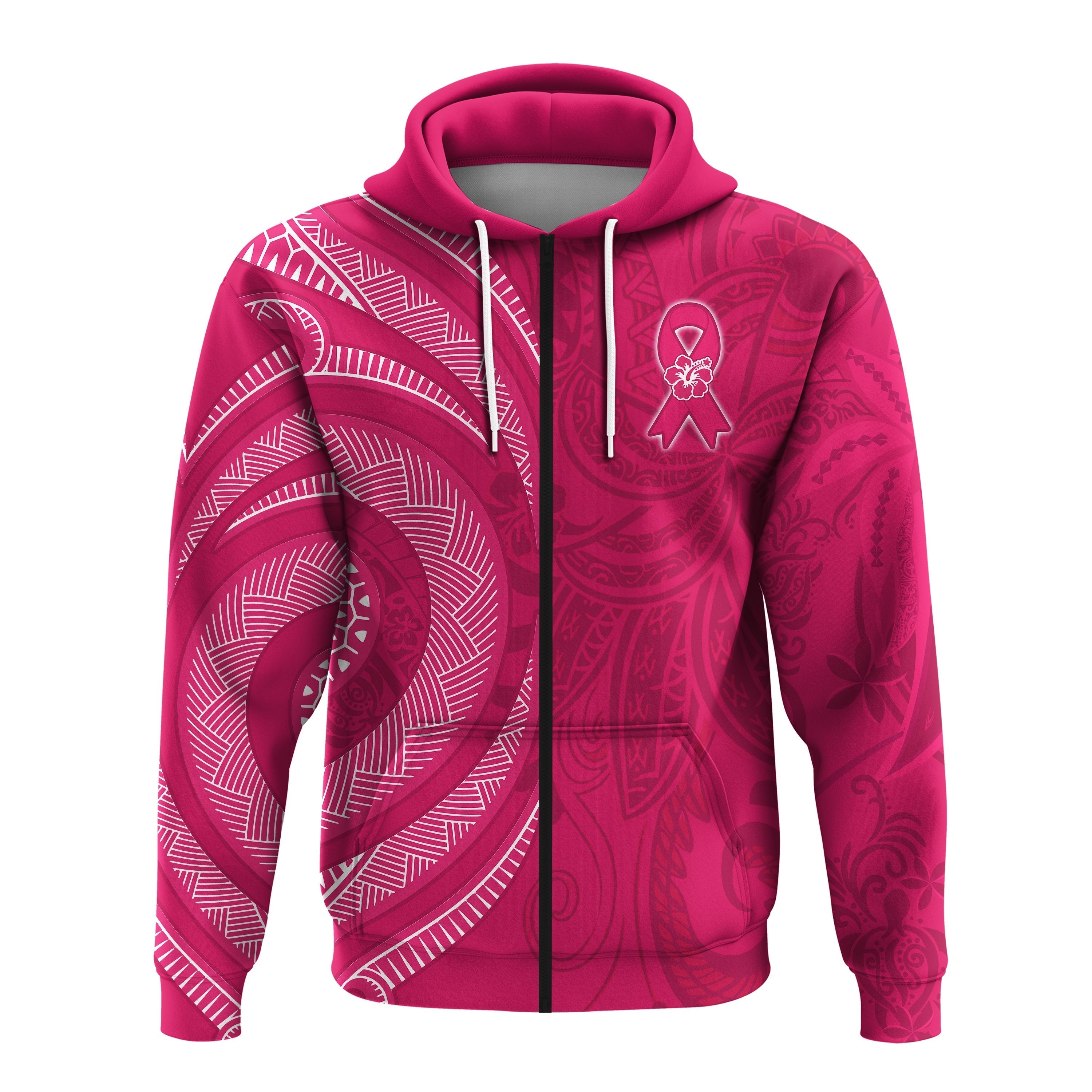 Custom Personalised Breast Cancer Awareness Hoodie Hibiscus Polynesian No One Fights Alone LT13