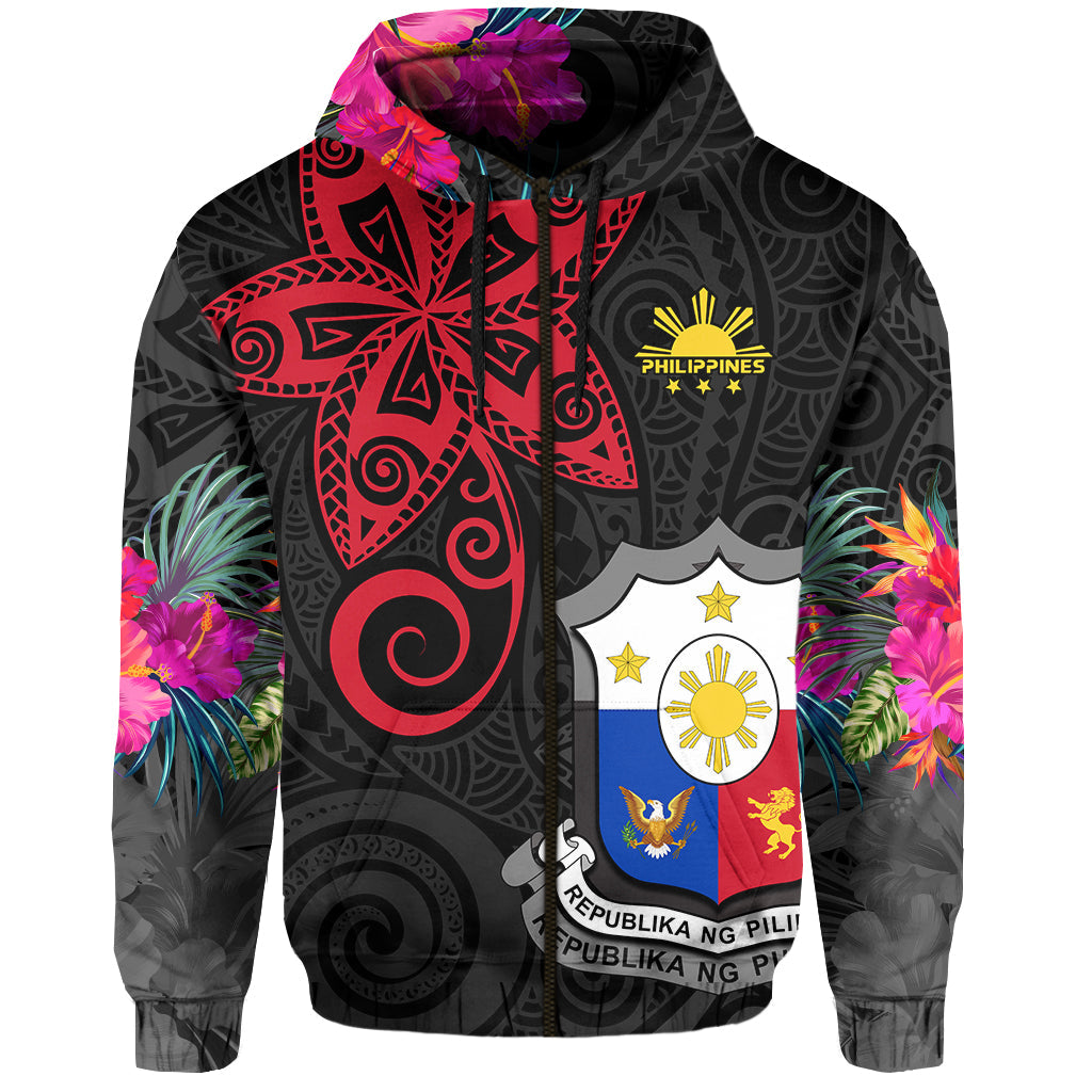 Custom Philippines Hoodie Sun Filipino Polynesian mix Flowers Black Vibe LT13