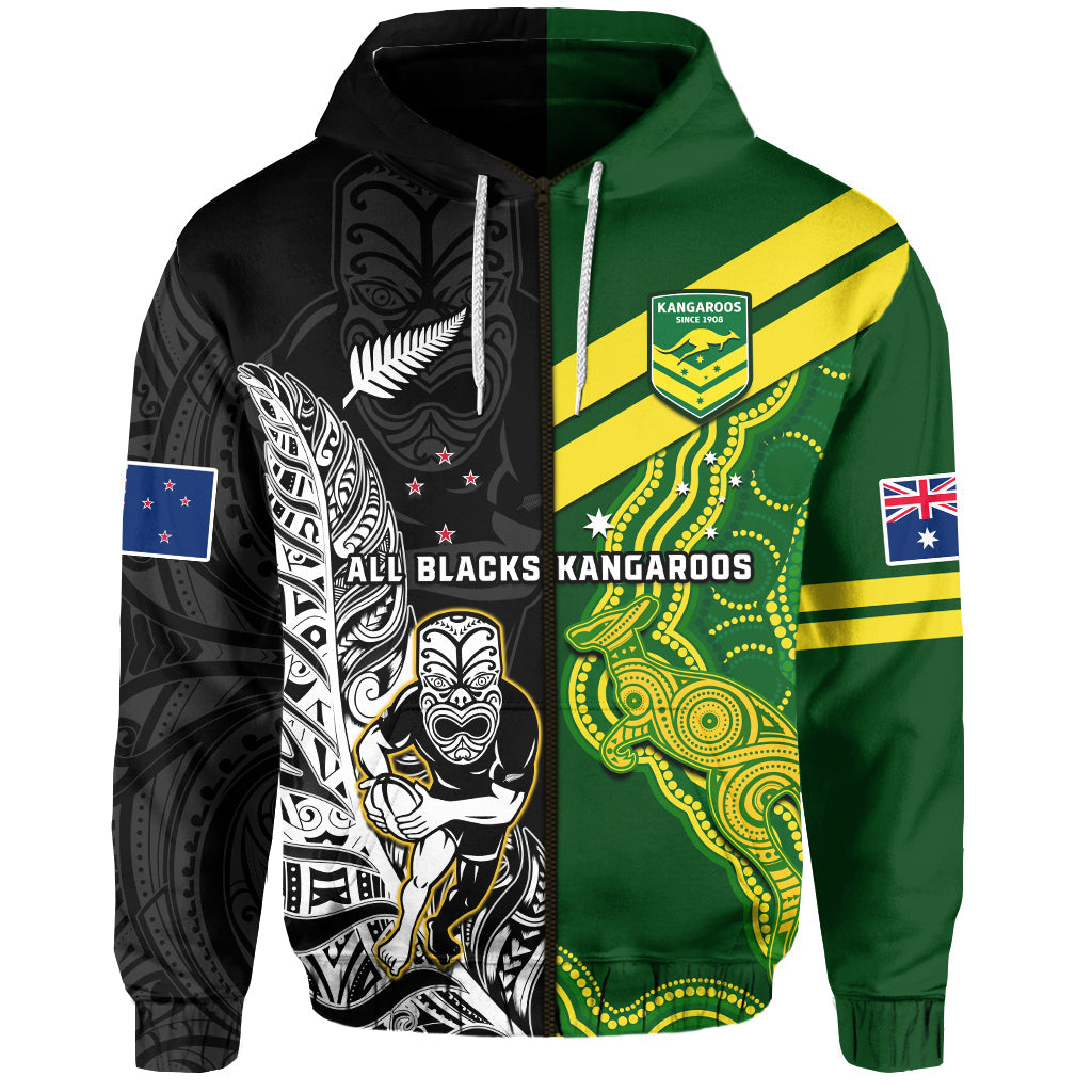 Custom Australia Kangaroos And All Black Rugby Hoodie Aboriginal Mix NZ Maori Fern LT14
