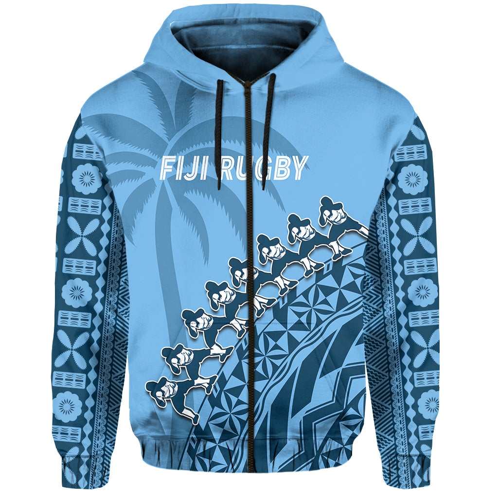 Custom Text And Number Fiji Tapa Rugby Hoodie Fijian Cibi Dance Tapa Pattern Blue LT14