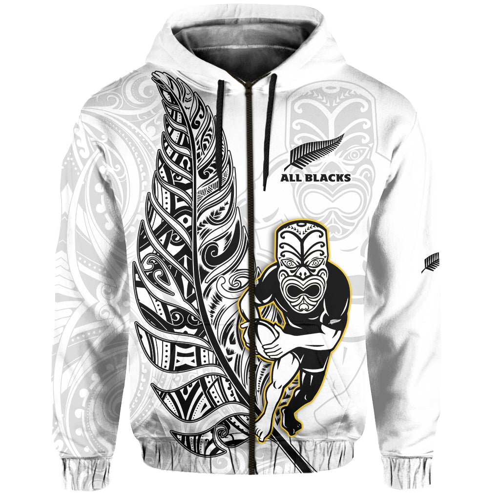 Custom Text And Number New Zealand 2022 Rugby Hoodie All Black Silver Fern Maori Pattern Version White LT14