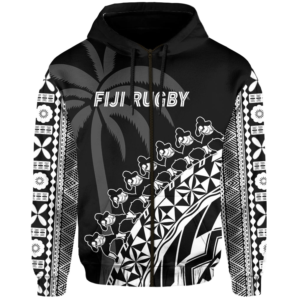 Custom Text And Number Fiji Rugby Hoodie Fijian Cibi Dance Tapa Pattern Black LT14