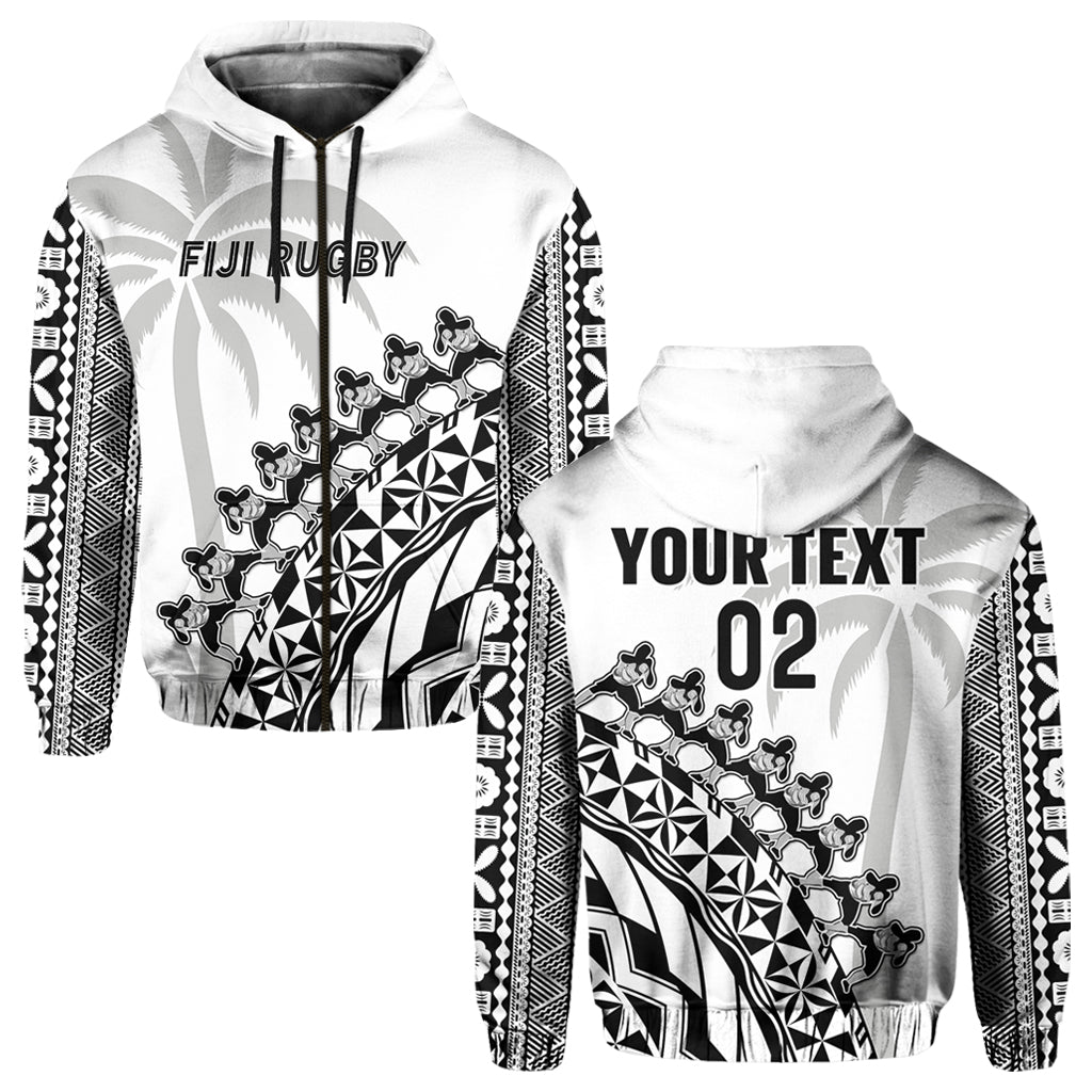 Custom Text And Number Fiji Rugby Hoodie Fijian Cibi Dance Tapa Pattern White LT14