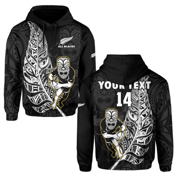Custom Text And Number New Zealand 2022 Rugby Hoodie All Black Silver Fern Maori Pattern Version Black LT14