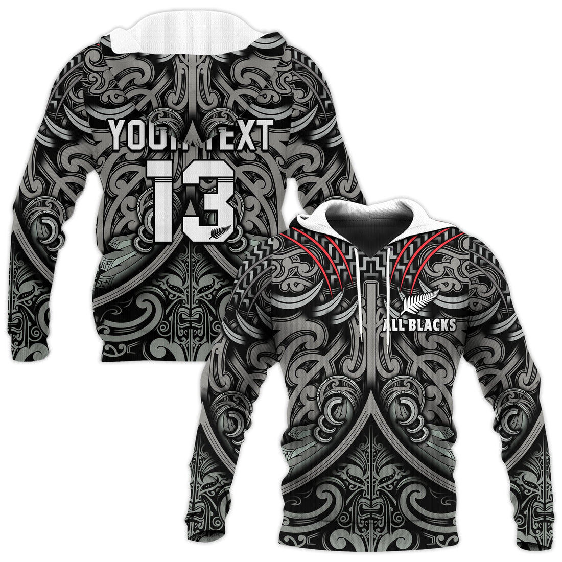 Custom Text and Number New Zealand Silver Fern Rugby Hoodie All Black NZ Maori Pattern LT13