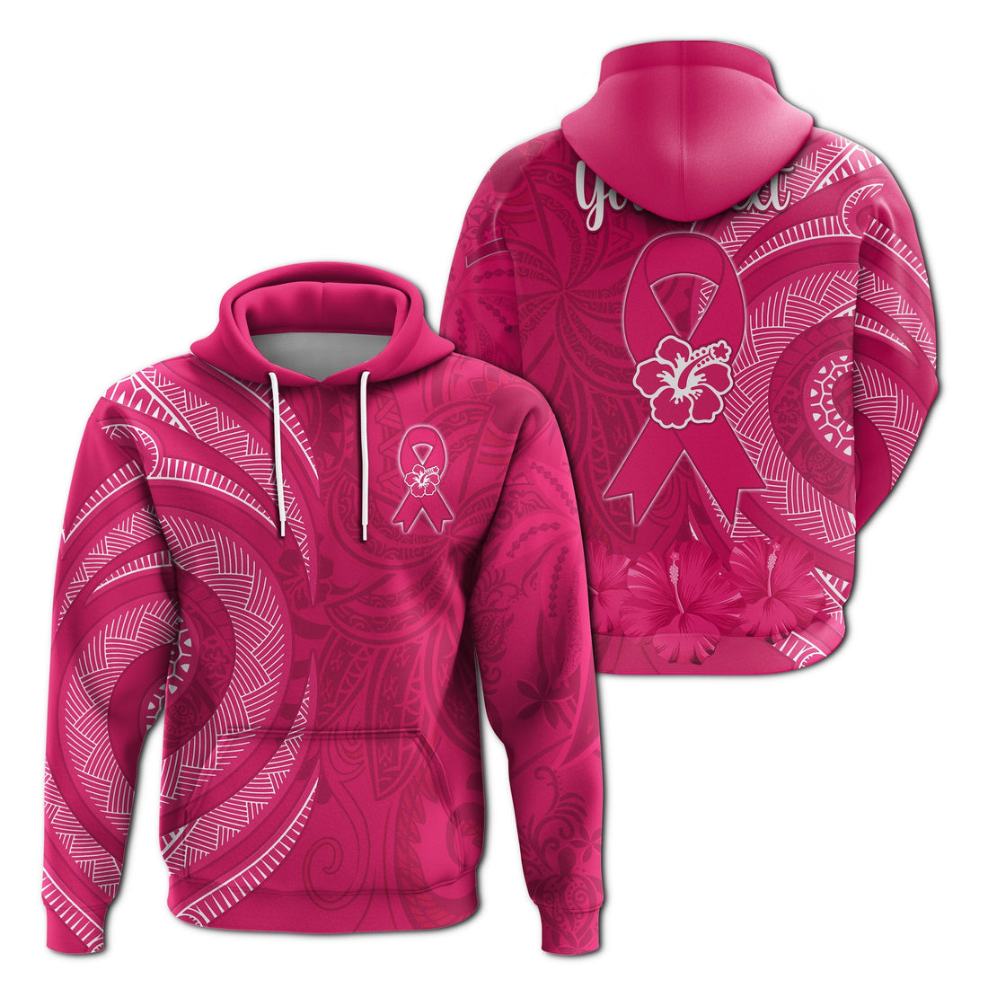 Custom Personalised Breast Cancer Awareness Hoodie Hibiscus Polynesian No One Fights Alone LT13