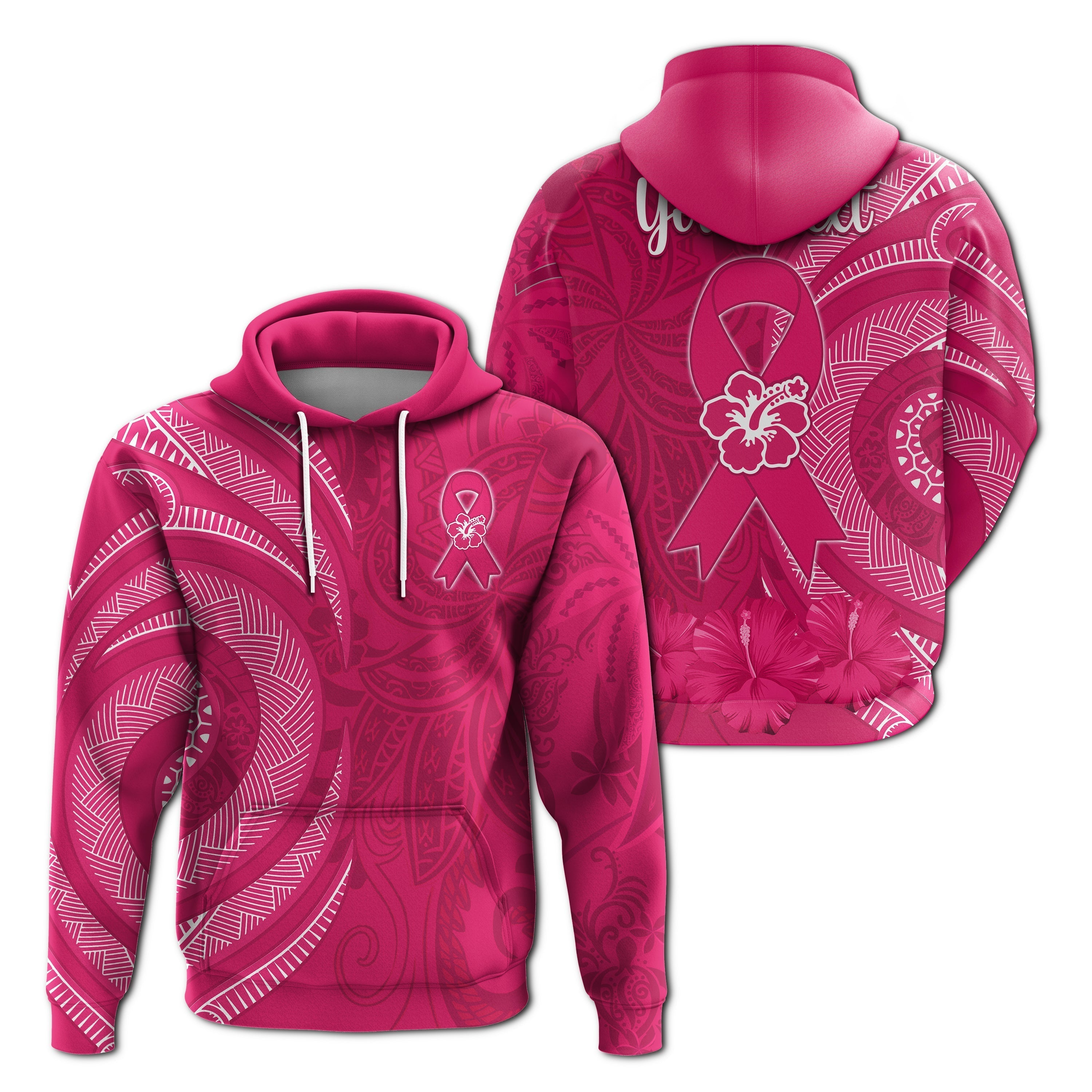 Custom Personalised Breast Cancer Awareness Hoodie Hibiscus Polynesian No One Fights Alone LT13