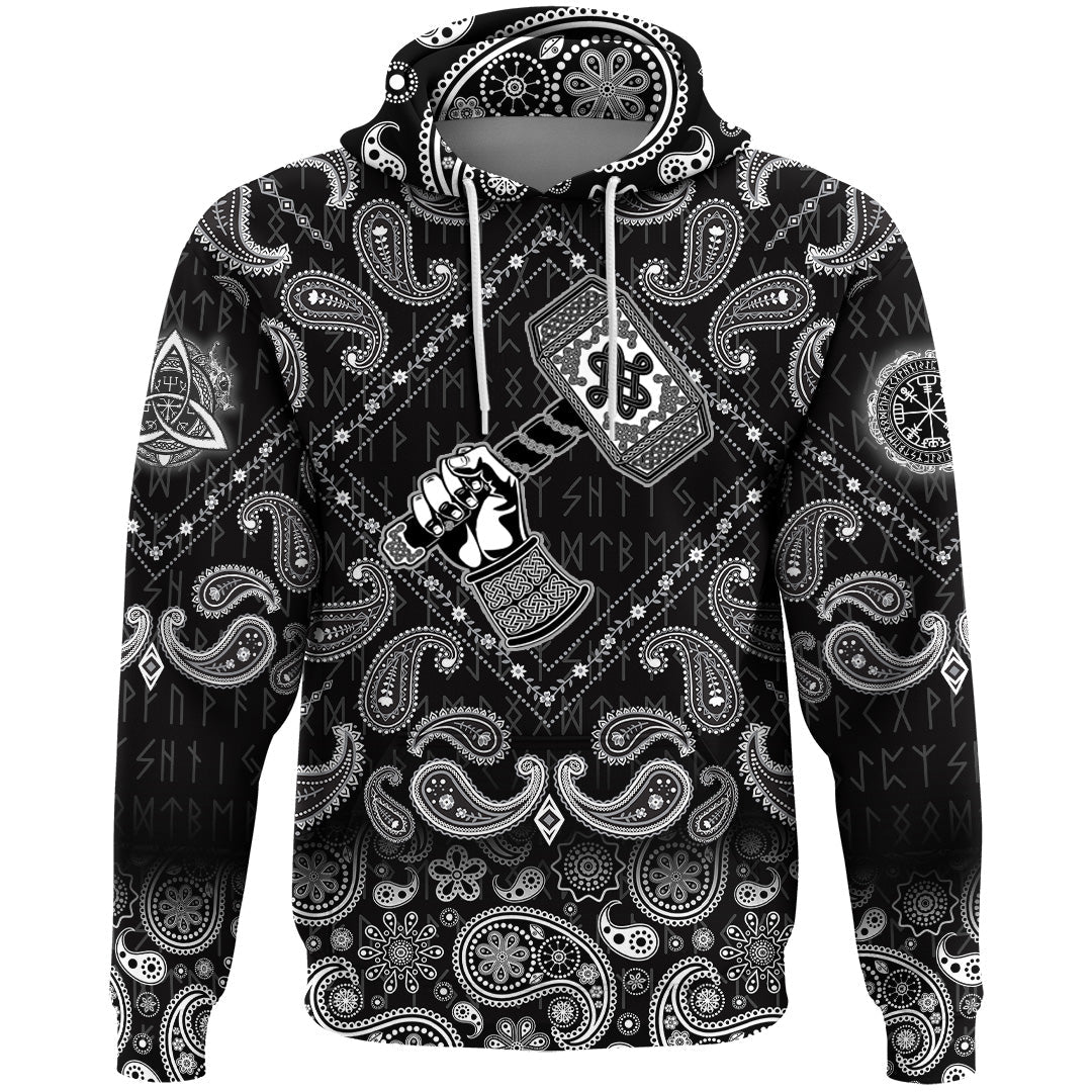 Viking Hoodie Hand Holding The Hammer Of God Thor with Bandana Paisley Style RLT12