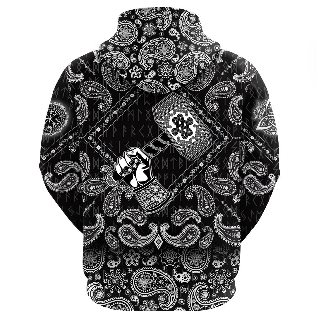Viking Hoodie Hand Holding The Hammer Of God Thor with Bandana Paisley Style RLT12
