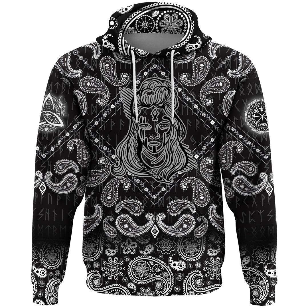 Viking Hoodie Hand drawn Abstract Image Of Female Viking with Bandana Paisley Style RLT12