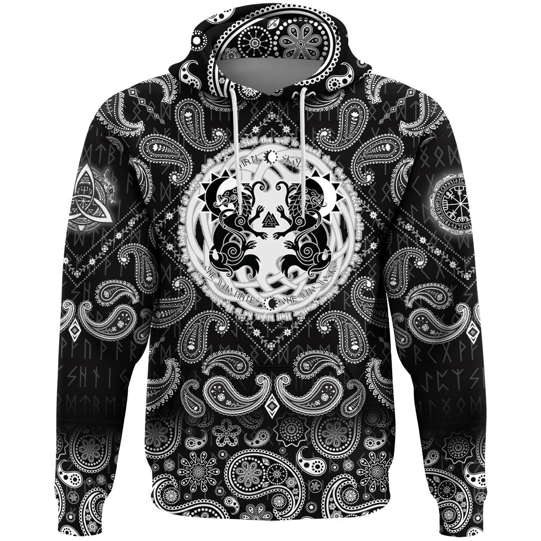 Viking Hoodie Hati and Skoll Runes with Bandana Paisley Style RLT12