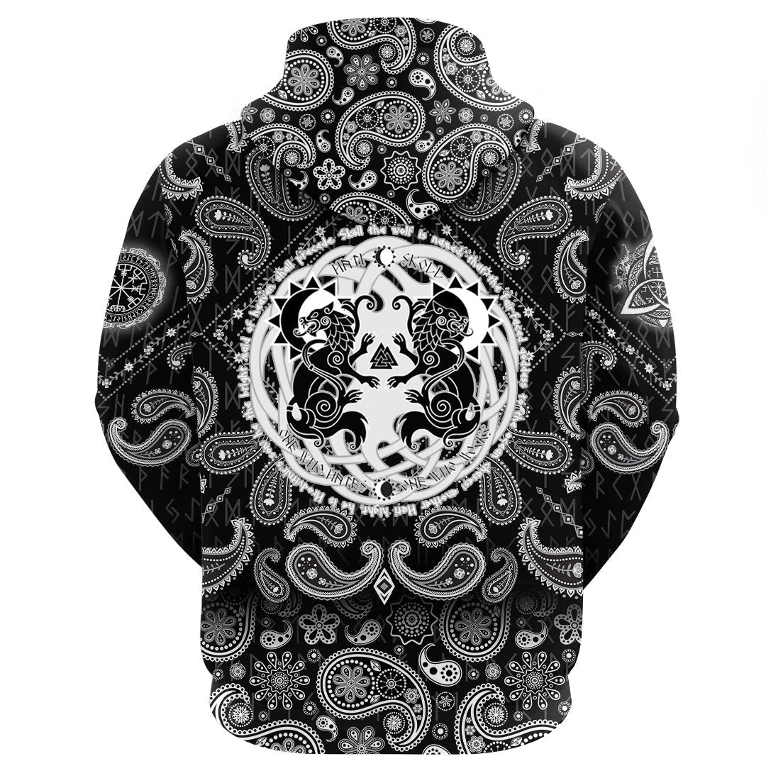Viking Hoodie Hati and Skoll Runes with Bandana Paisley Style RLT12
