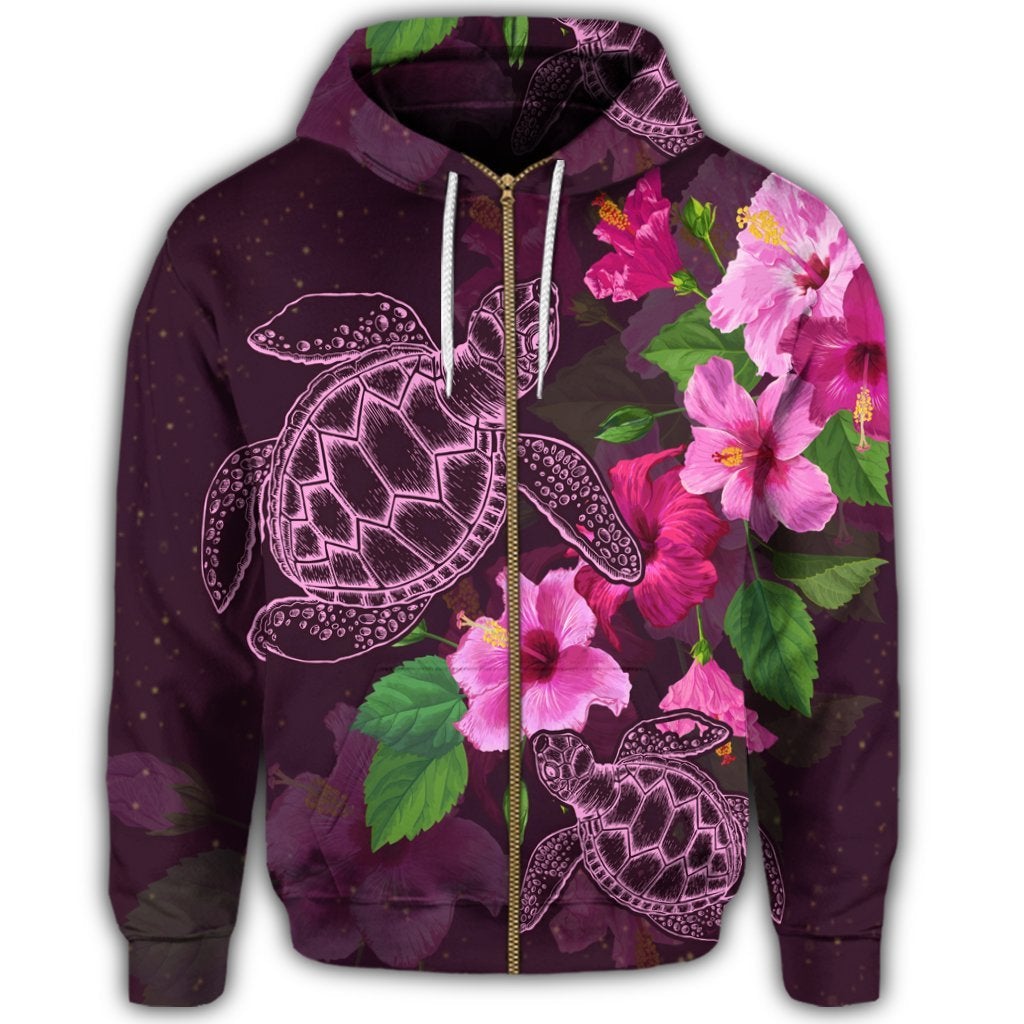 Hawaii Turtle Hibiscus Pink Simple Zip Hoodie
