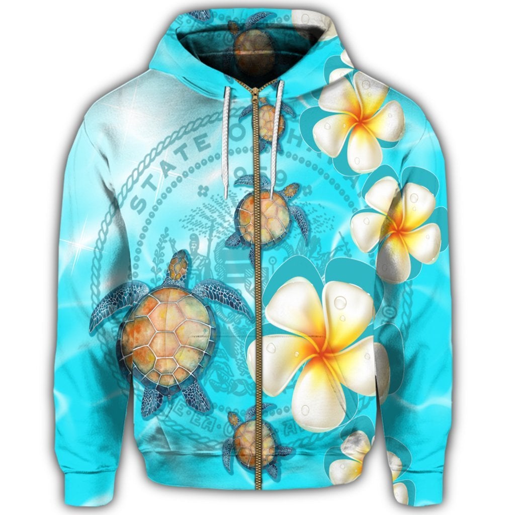 Hawaii Turtle Plumeria Coat Of Arm Ocean Zip Hoodie