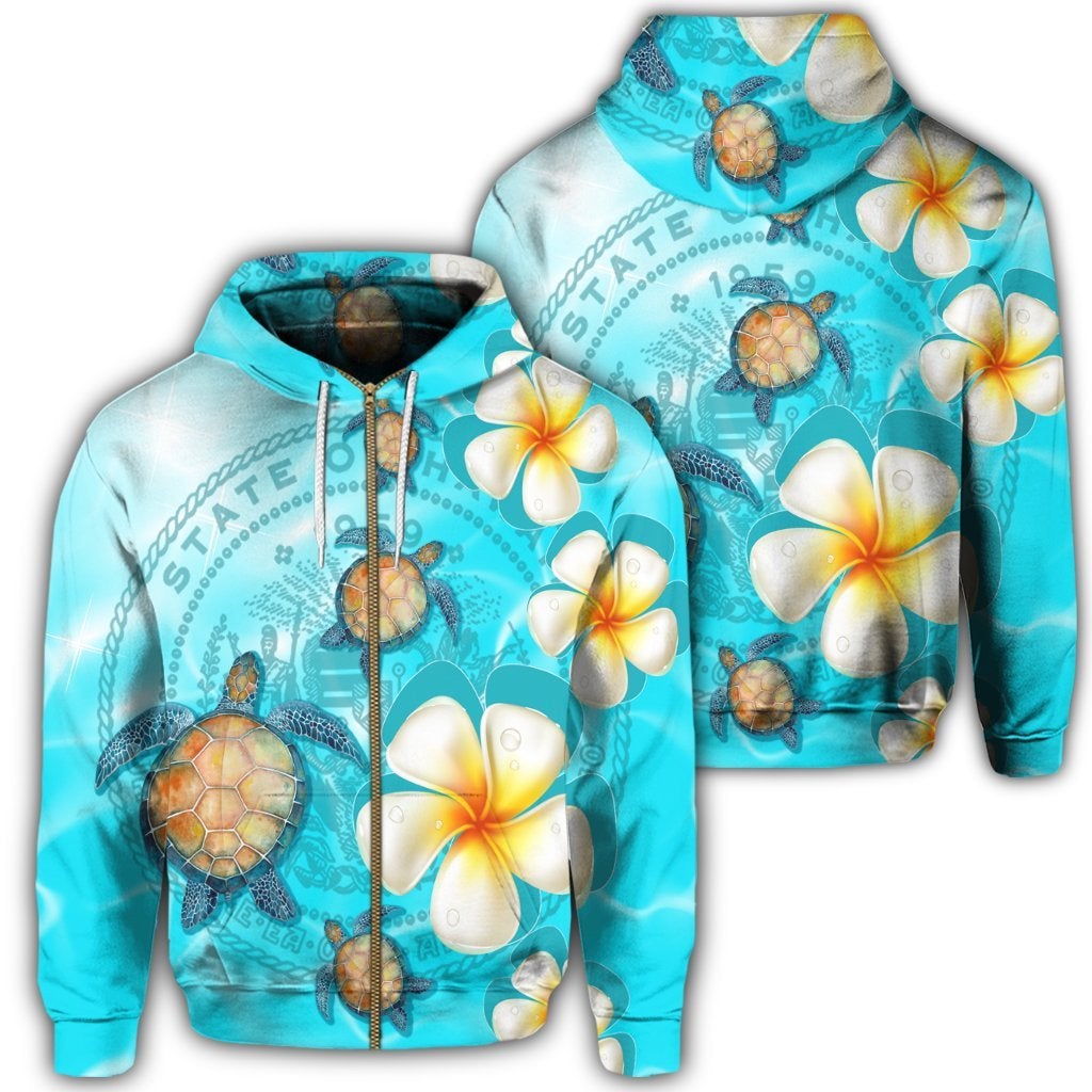 Hawaii Turtle Plumeria Coat Of Arm Ocean Zip Hoodie