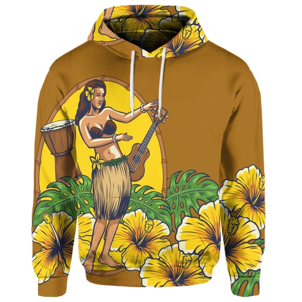 Custom Hawaiian Hula Girl Monstera Hibiscus Polynesian Hoodie